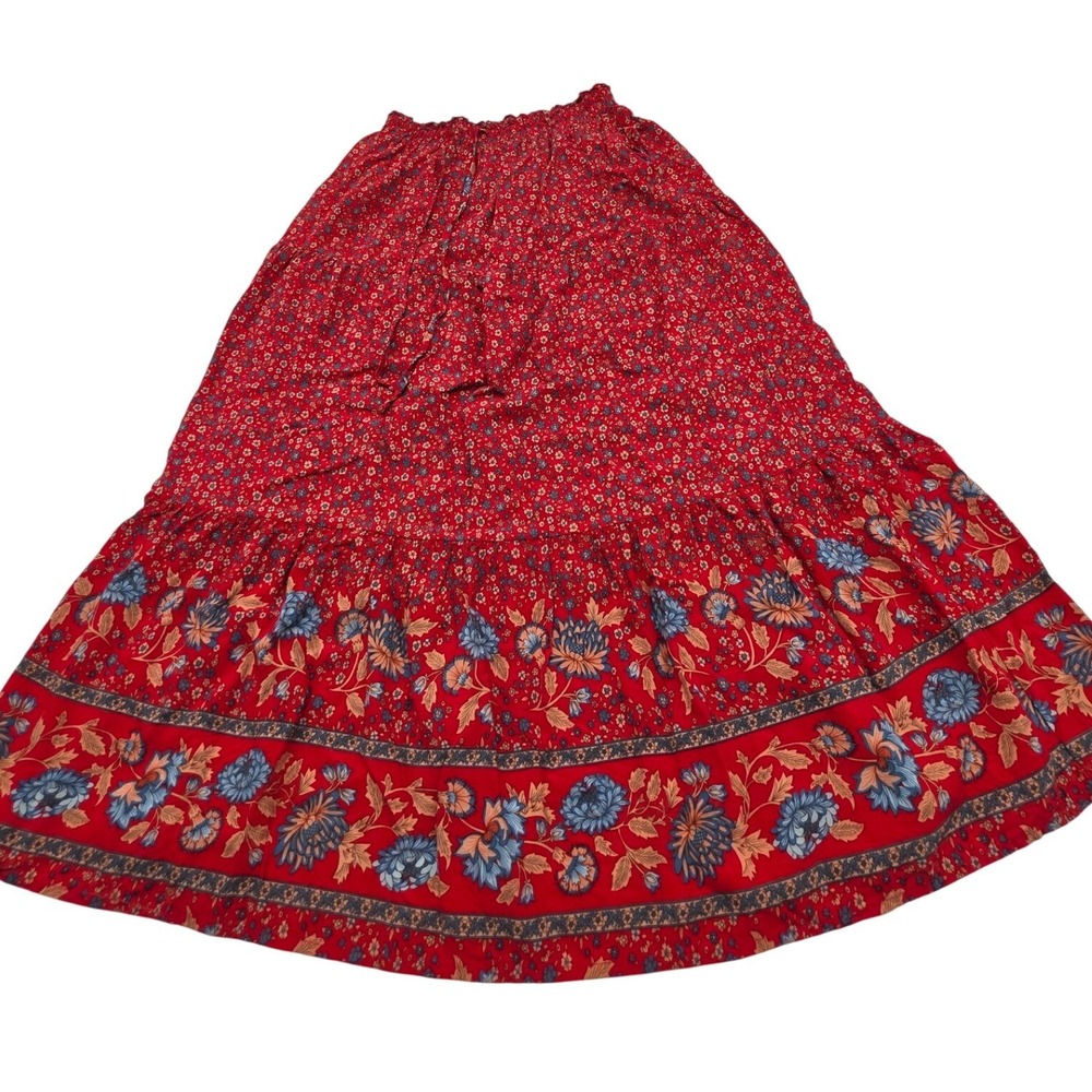 Zesica Floral Maxi Skirt Womens Small Red Boho Tiered Smocked Waist Border Print